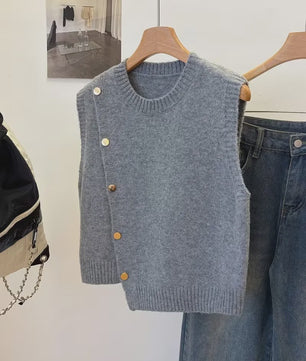 Gebreide Vest Trui Dames - Effen Kleur, Casual & Veelzijdig, Kort Model met Knopen