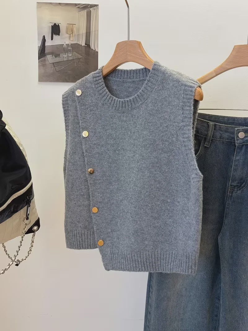 Gebreide Vest Trui Dames - Effen Kleur, Casual & Veelzijdig, Kort Model met Knopen