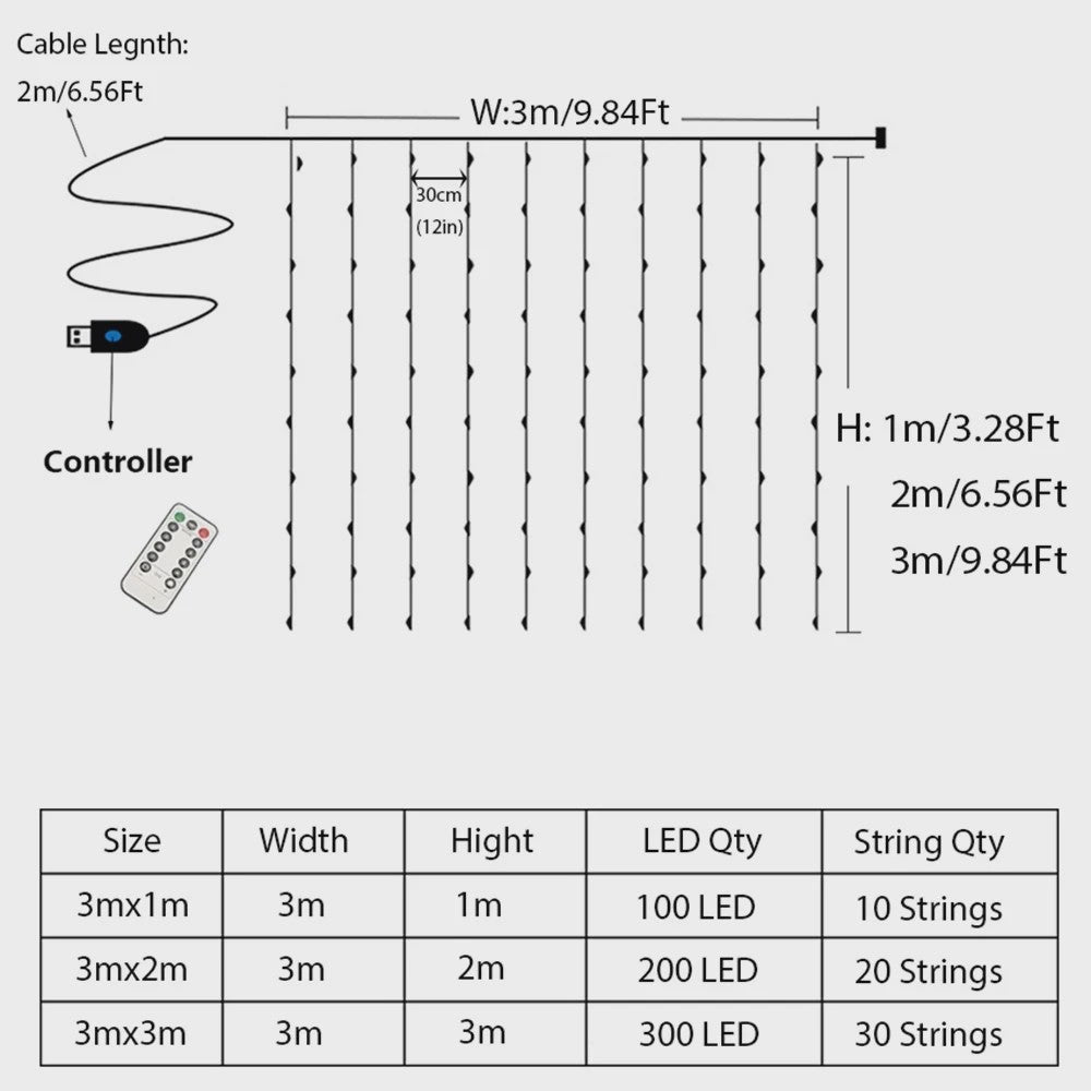 LED Gordijn Slinger Verlichting 3Mx1M/2M/3M - USB Fairy Lights met Afstandsbediening
