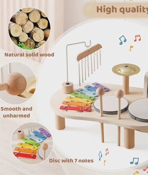 Houten Montessori Muziektafel voor Baby's & Kinderen - Xylofoon, Trommels & Windgong