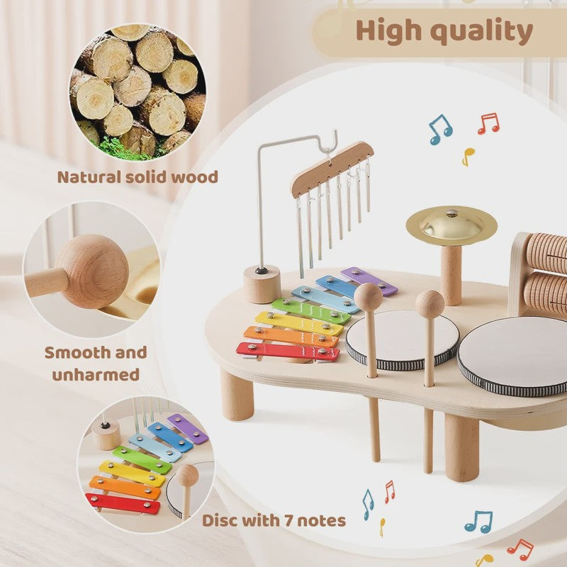 Houten Montessori Muziektafel voor Baby's & Kinderen - Xylofoon, Trommels & Windgong