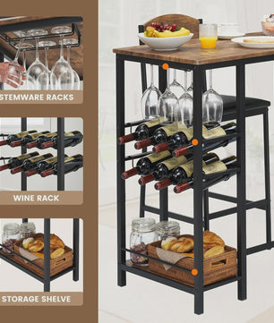 3-delige Bartafel Set met 2 Stoelen, Wijnrek en Opbergruimte