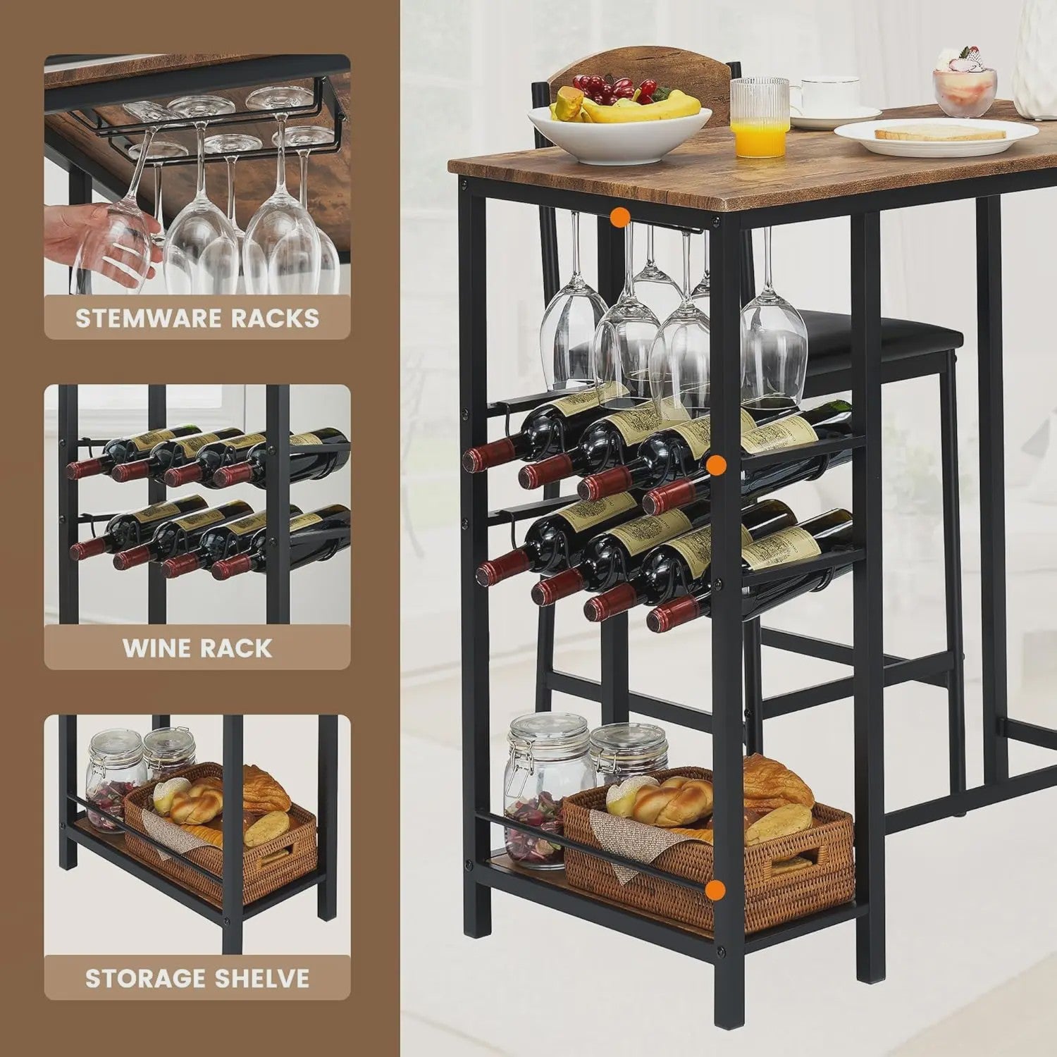 3-delige Bartafel Set met 2 Stoelen, Wijnrek en Opbergruimte