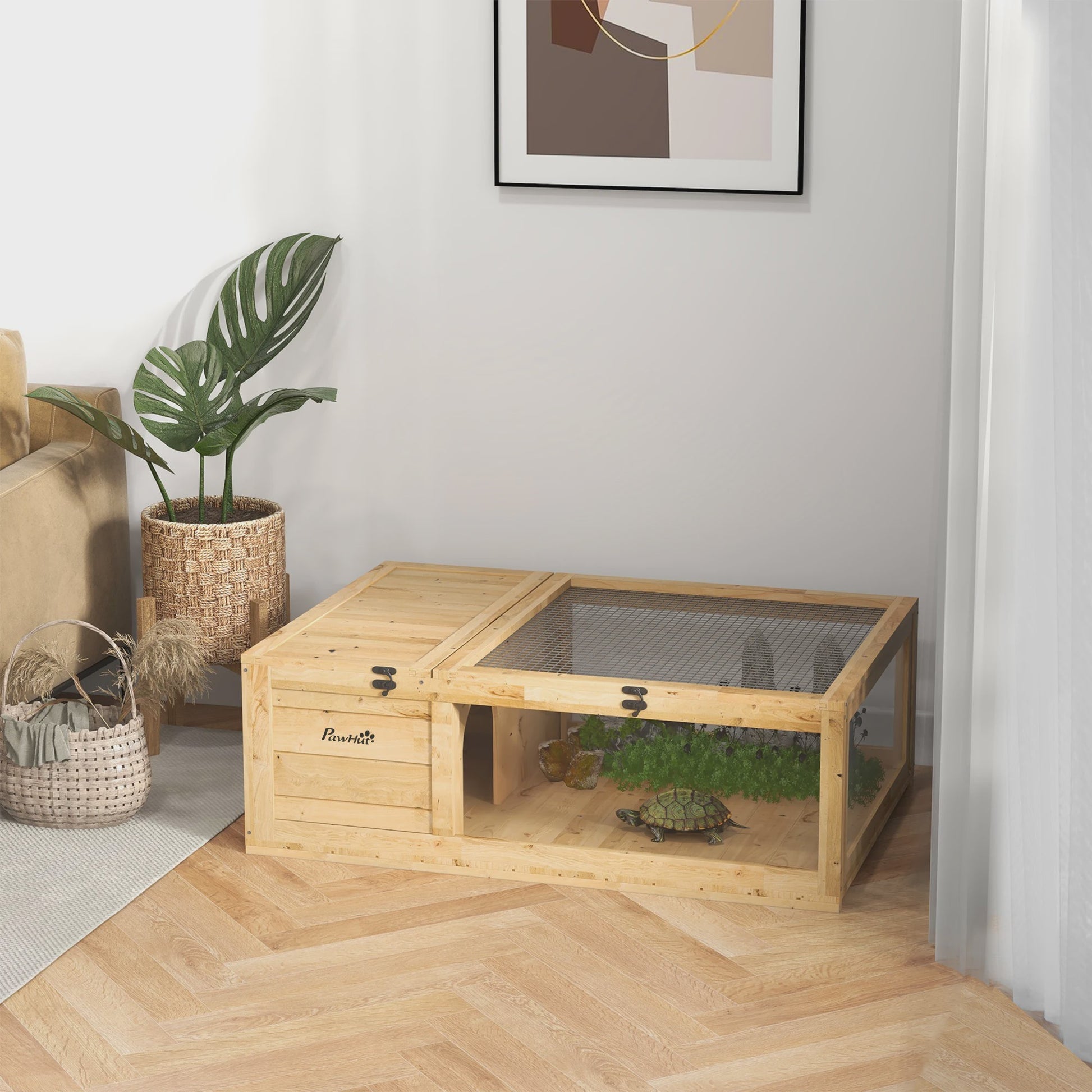 Houten Schildpaddenverblijf met Gaasdak en Verwijderbare Zijpanelen - 91x60.5x32 cm