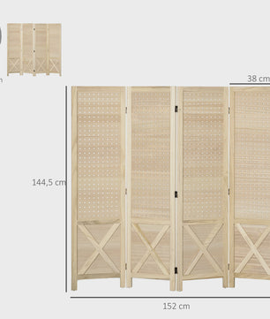 Homcom Houten Kamerverdeler 4 Paneel Vouwbaar - Natuurlijk Hout, 152x144.5 cm