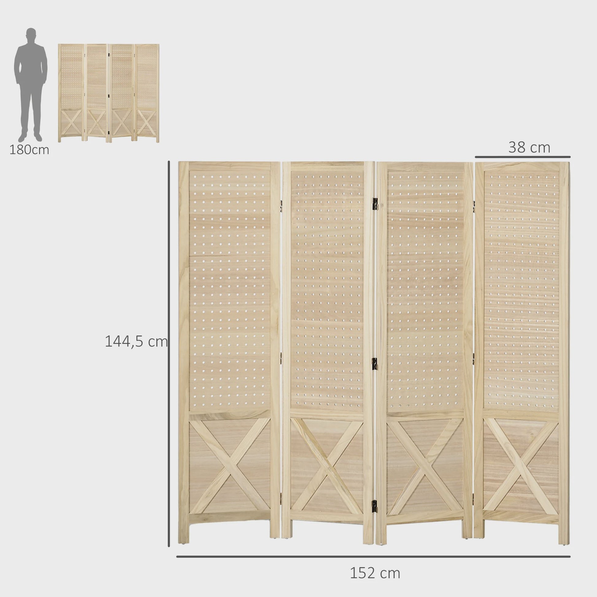 Homcom Houten Kamerverdeler 4 Paneel Vouwbaar - Natuurlijk Hout, 152x144.5 cm