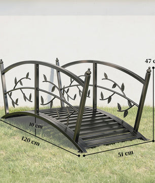 Metalen Tuinbrug 1.2m met Sierlijke Bladmotieven en Veiligheidsreling - Zwart