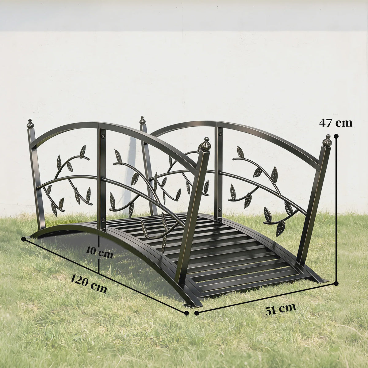 Metalen Tuinbrug 1.2m met Sierlijke Bladmotieven en Veiligheidsreling - Zwart