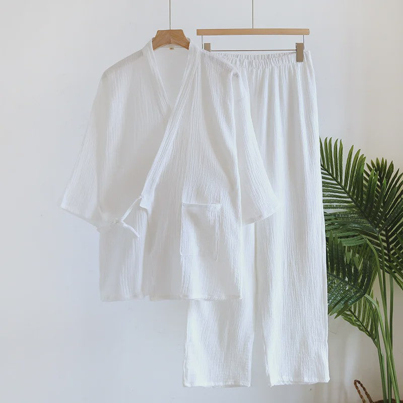 Luxe Katoenen Kimono Pyjama Set Heren - 2 Delig met Lange Broek en Zakken