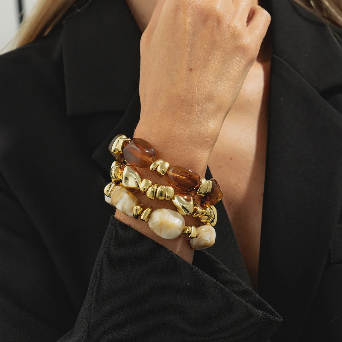 Set van 3 Bohemian Kralenarmbanden - Vintage Stijl Acryl & Goudkleurig
