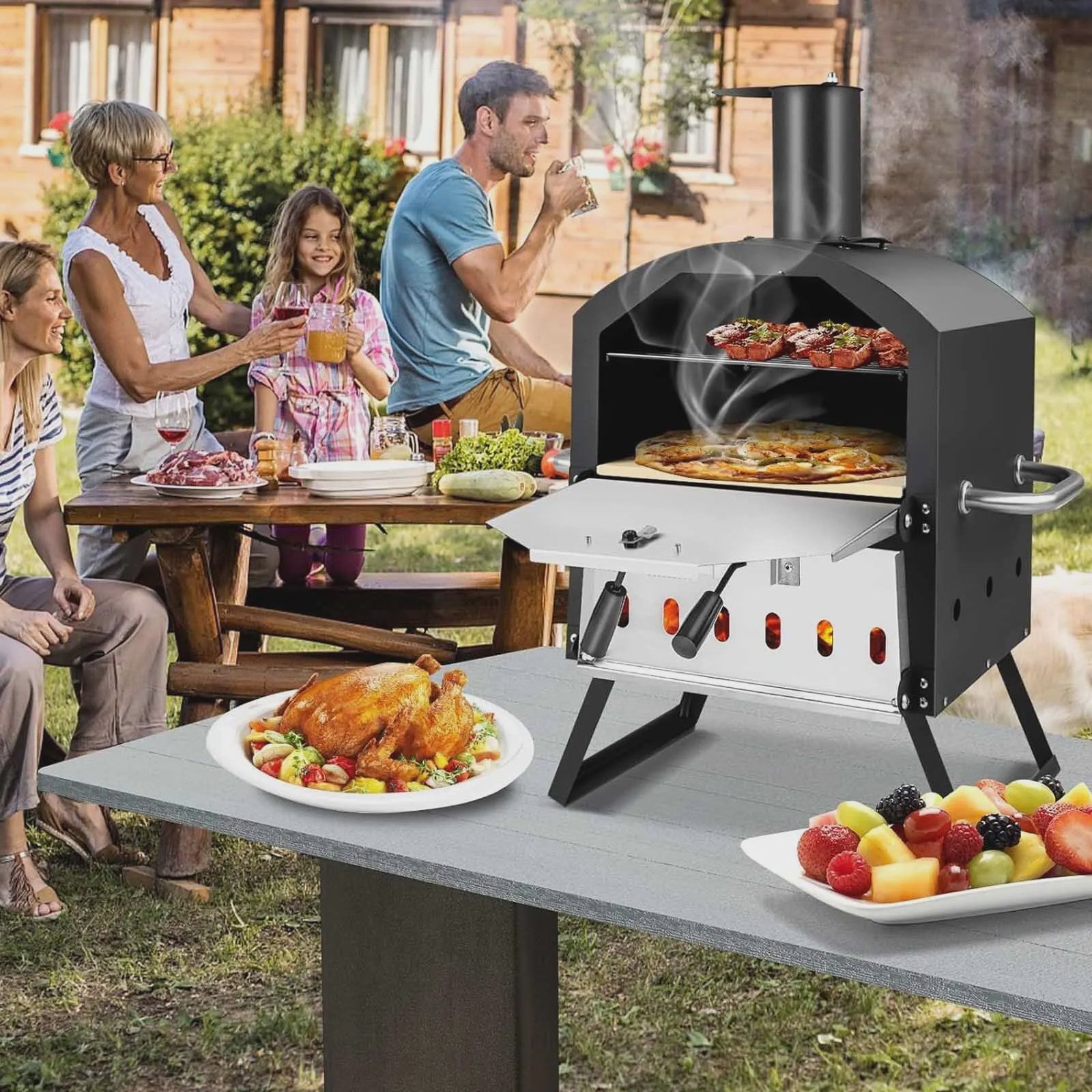Outdoor Pizzaoven met 2 Lagen, Grillrooster, Pizzasteen & Schep