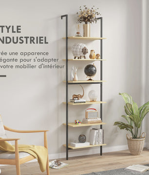 Industrieel Wandrek met 6 Planken - Zwart Staal & Naturel Hout - 60x30x206 cm