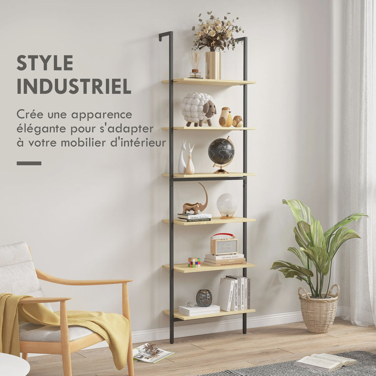 Industrieel Wandrek met 6 Planken - Zwart Staal & Naturel Hout - 60x30x206 cm