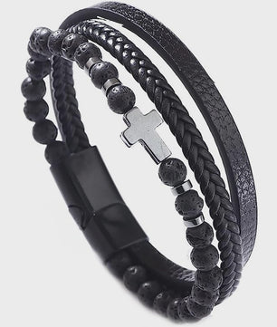 Vintage Heren Leren Armband met Kruis & Tijgeroog Kralen - Punk Stijl