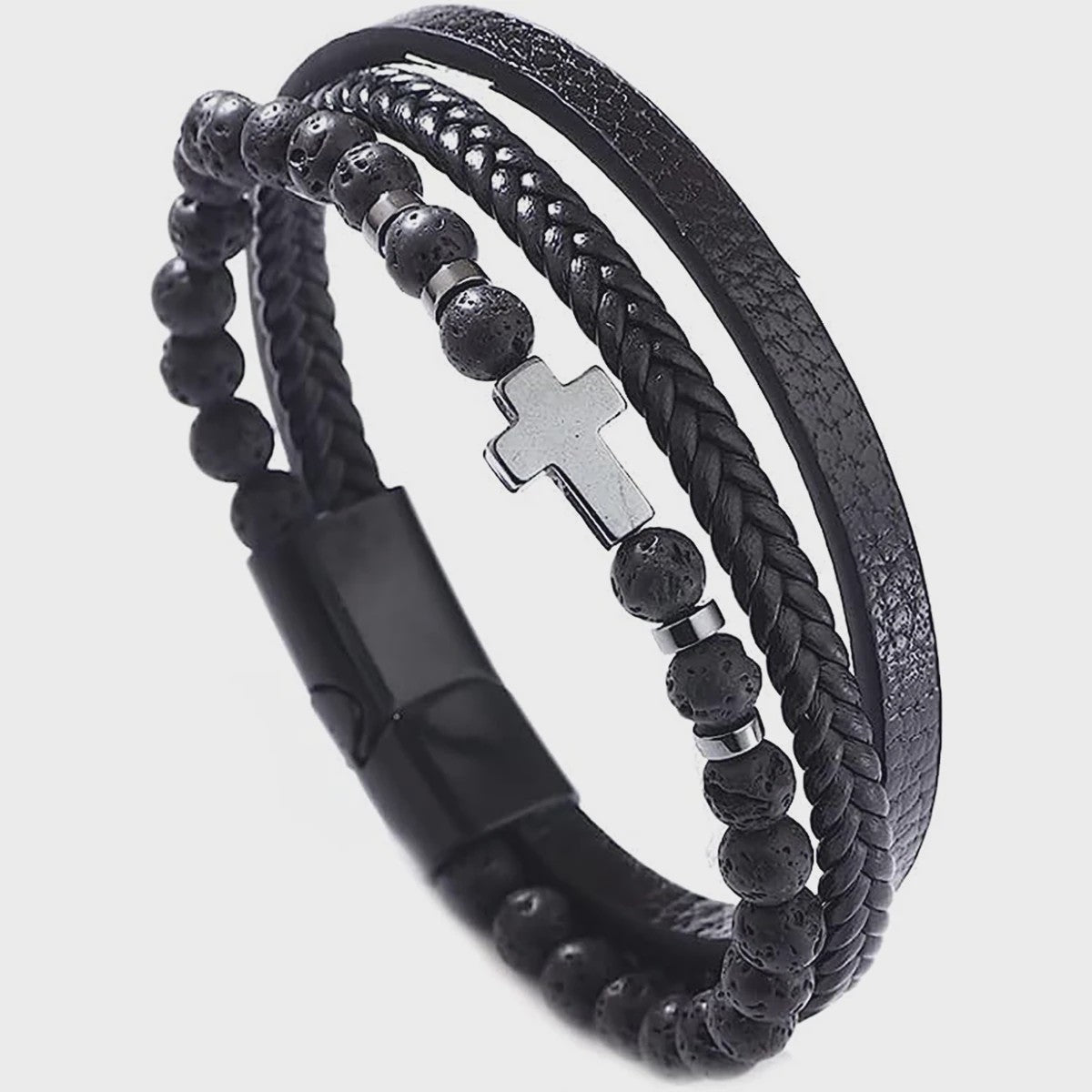 Vintage Heren Leren Armband met Kruis & Tijgeroog Kralen - Punk Stijl