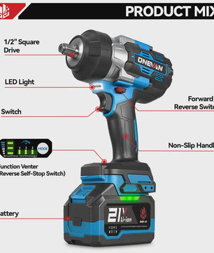 ONEVAN Accu Slagmoersleutel 2800 Nm Borstelloos - 5 Snelheden - Makita 18V Compatibel