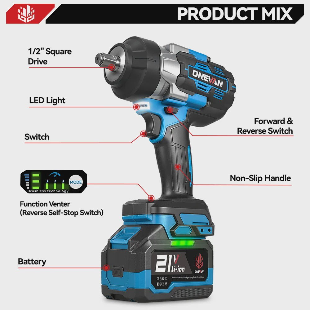 ONEVAN Accu Slagmoersleutel 2800 Nm Borstelloos - 5 Snelheden - Makita 18V Compatibel
