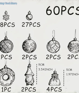 Luxe Kerstballen Set (60 Stuks) met Donut, Gnome & Sneeuwvlok Ornamenten - Goudkleurig