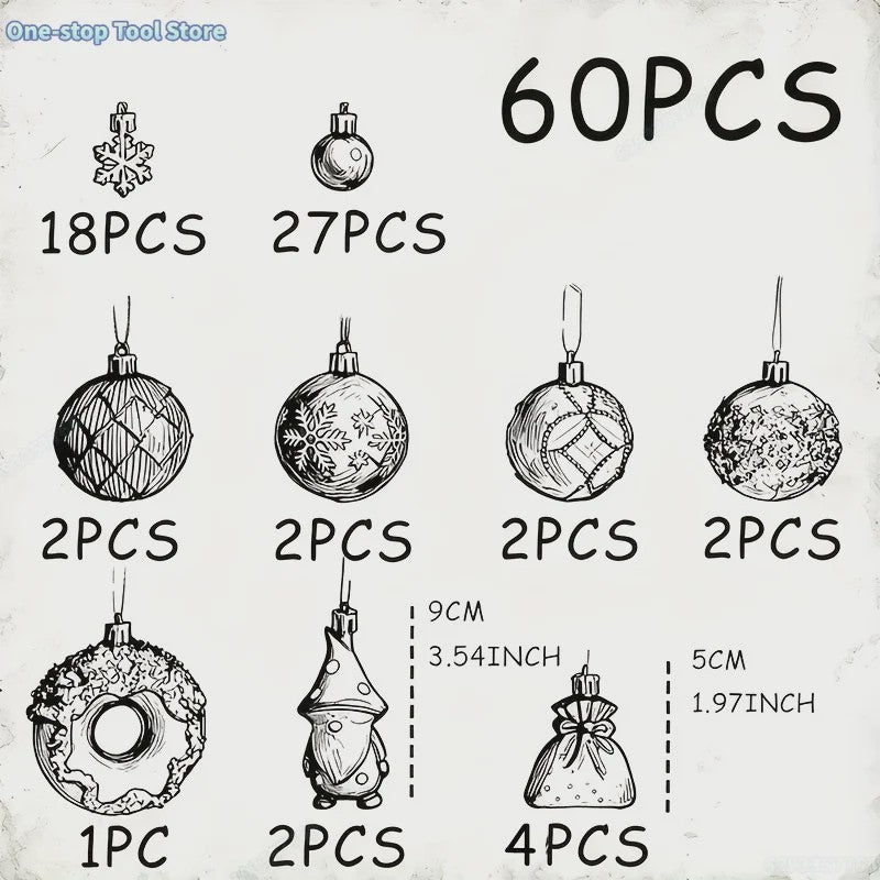 Luxe Kerstballen Set (60 Stuks) met Donut, Gnome & Sneeuwvlok Ornamenten - Goudkleurig