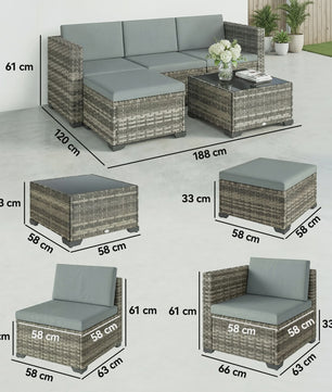 Outsunny 5-delige Rotan Loungeset met Kussens en Glazen Tafel - Tuinmeubelen