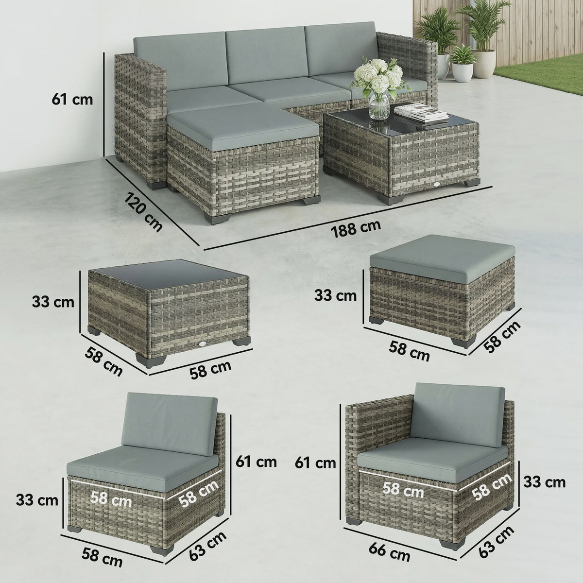 Outsunny 5-delige Rotan Loungeset met Kussens en Glazen Tafel - Tuinmeubelen