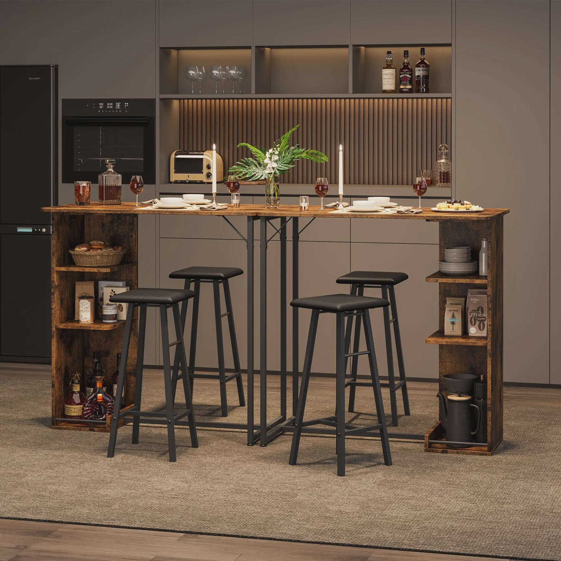 3-delige Bartafel Set met 2 Krukken en Opbergruimte - Compact Keukenmeubel