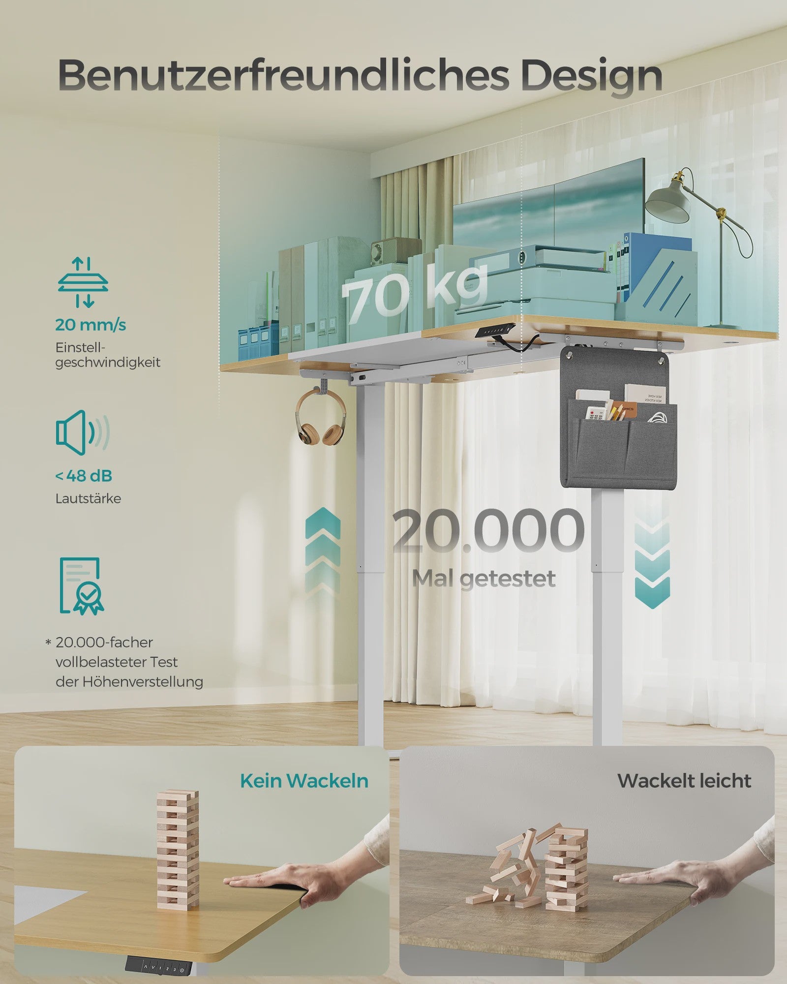 SONGMICS Elektrisch In Hoogte Verstelbaar Bureau 180x80 cm met USB-C en Geheugenfunctie