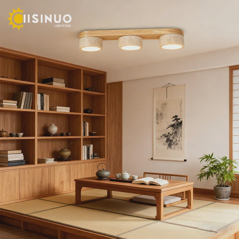 Wabi Sabi Plafondlamp van Travertin Natuursteen en Hout met LED