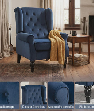 Donkerblauwe gestoffeerde fauteuil met brede zitting en klassieke houten poten - Comfortabel en stijlvol