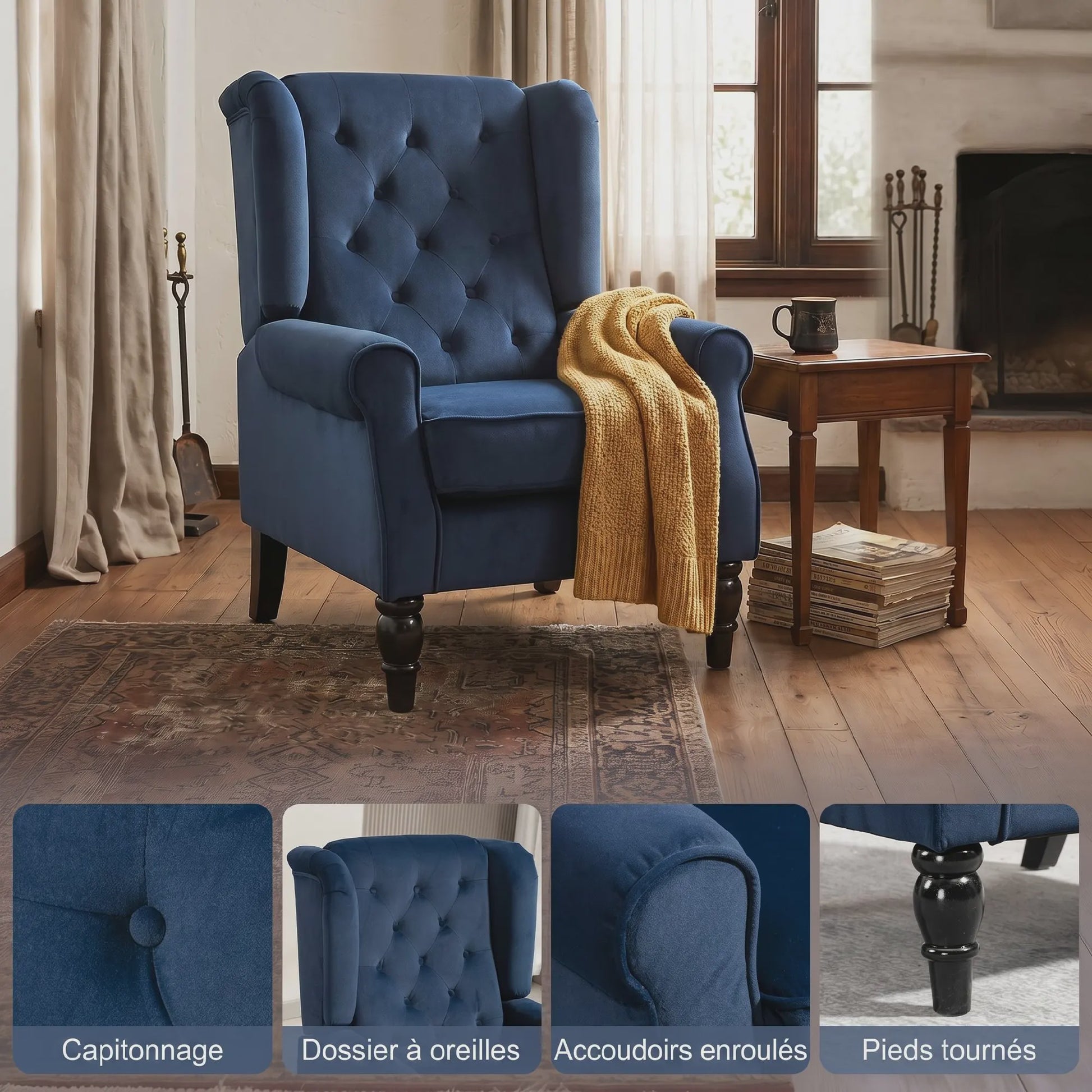 Donkerblauwe gestoffeerde fauteuil met brede zitting en klassieke houten poten - Comfortabel en stijlvol