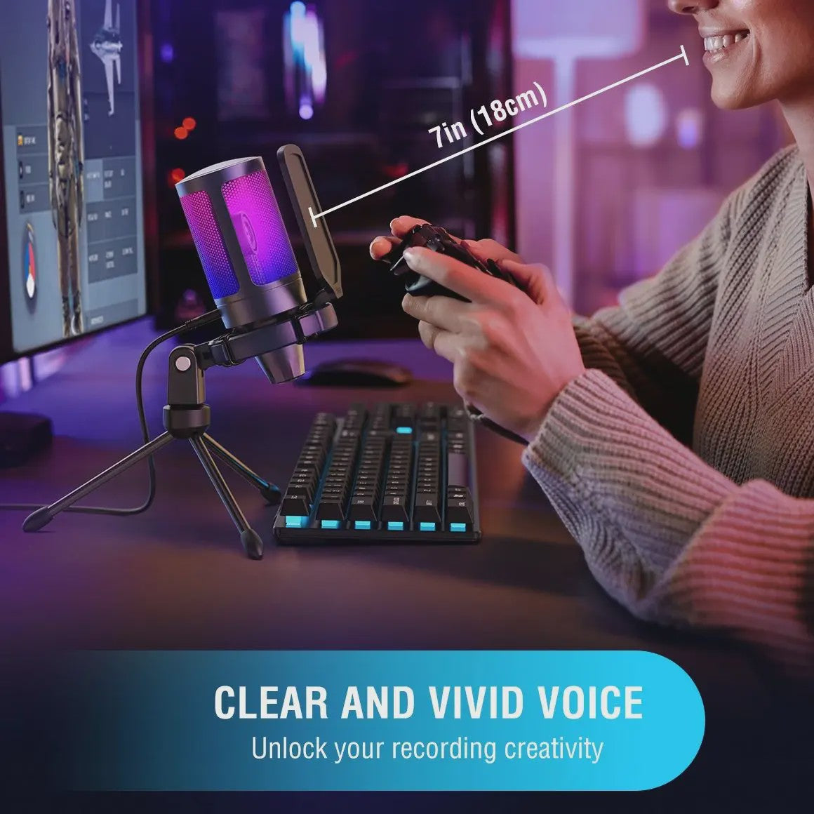 FIFINE A6V RGB USB Gaming Microfoon voor PC & Streaming - Plug & Play Condenser Mic met Pop Filter en Gain Control