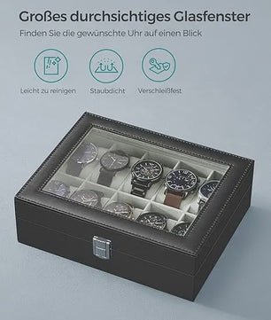 Luxe Horlogedoos met 10 Vakken, Glazen Deksel en Zachte Fluweel Voering - Perfecte Opslag voor Uw Collectie