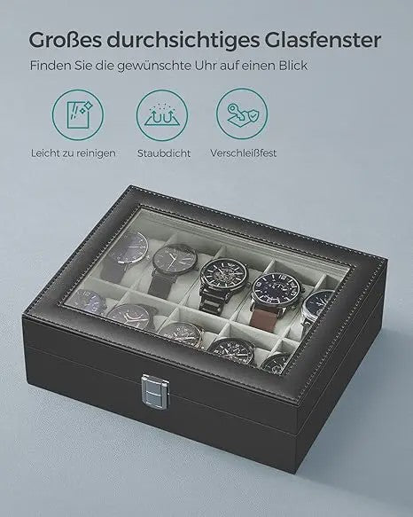 Luxe Horlogedoos met 10 Vakken, Glazen Deksel en Zachte Fluweel Voering - Perfecte Opslag voor Uw Collectie