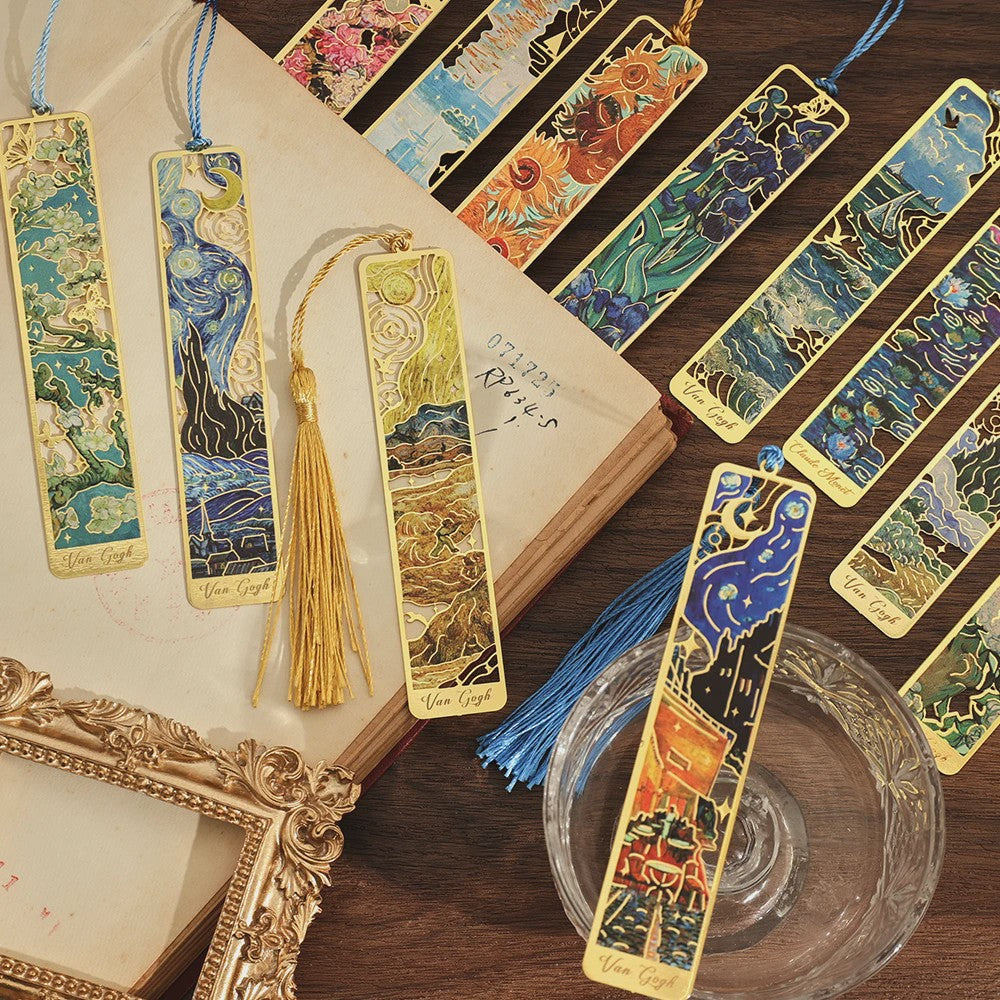 Set van 12 Vintage Metalen Bladwijzers met Kwastjes - Kunstzinnige Boekenleggers