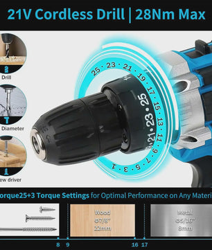 21V Accuboormachine met 45Nm Koppel - Draadloze Schroef- en Klopboormachine met Lithium-Ion Batterij