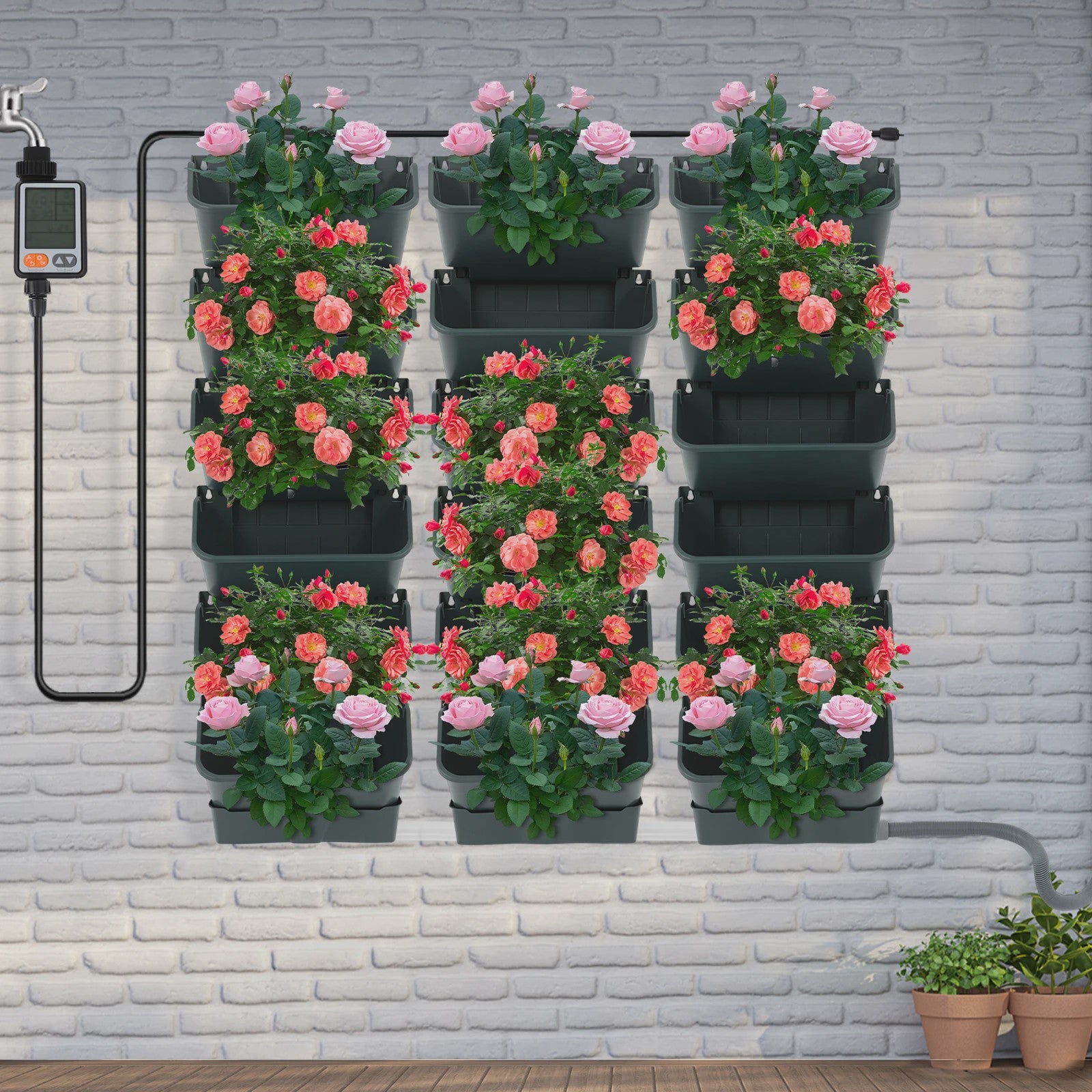 Automatische Zelfwaterende Muurtuin met Timer - 18 Potten Verticale Hangende Plantenbak met Slimme Druppelirrigatie