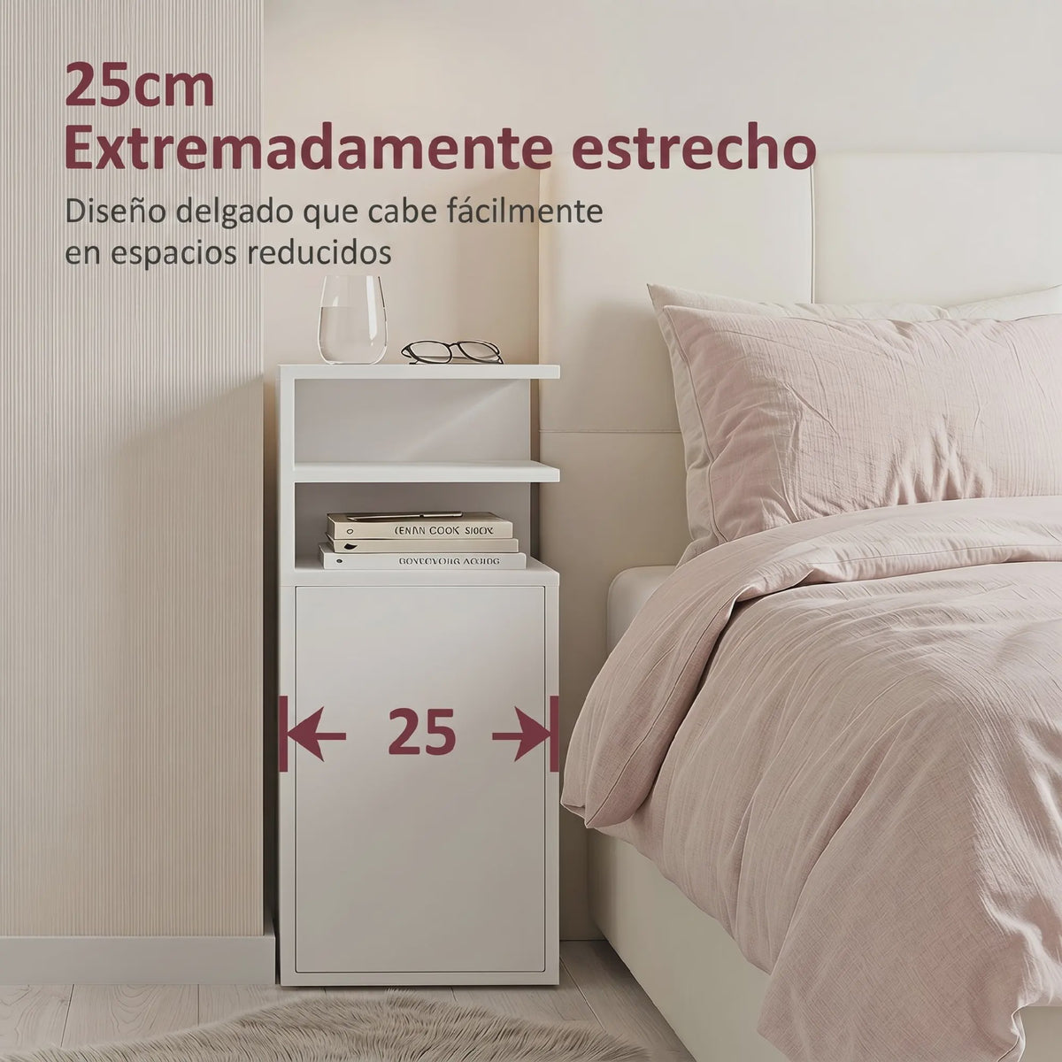 Set van 2 Witte Nachtkastjes met Deur en Open Vakken - Compact Slaapkamer Meubel 25x30x60 cm