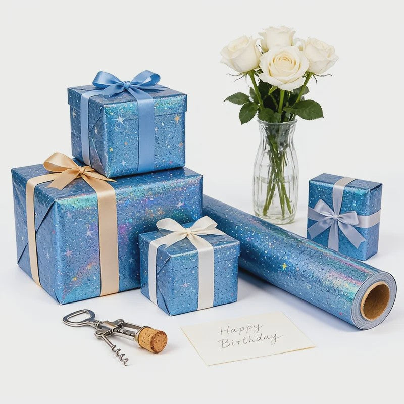 Holografisch Sterren Cadeaupapier Blauw - Glanzend & Feestelijk
