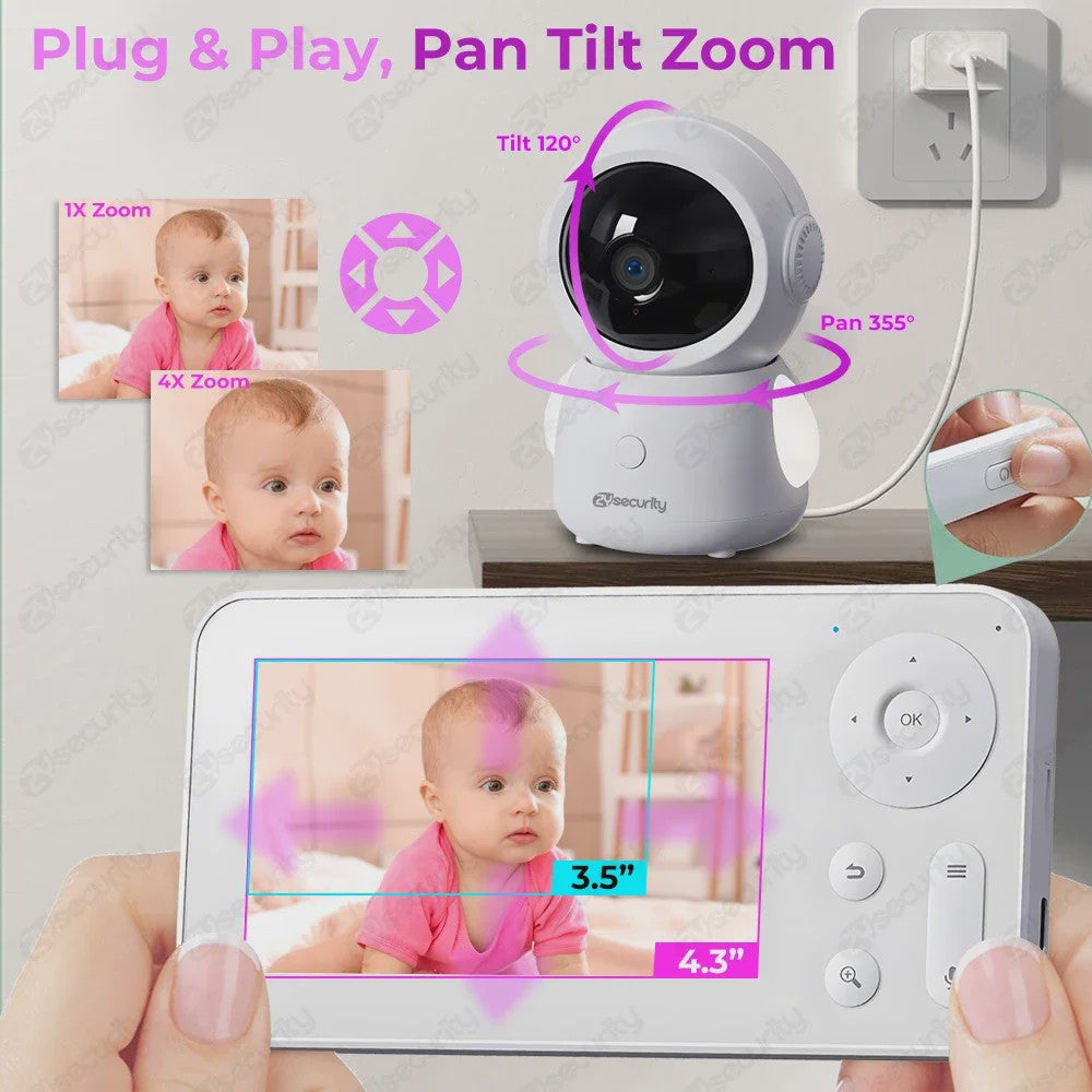 WiFi Babyfoon met Twee Camera's, Split-Screen, App Controle & 4.3" IPS Scherm - 2K 3MP Auto Tracking PTZ