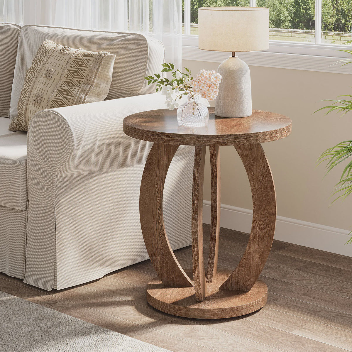 Ronde Bijzettafel met Opbergruimte - Farmhouse Stijl Nachtkastje
