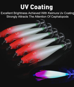 LEYDUN Luminous Vis Lokaas Set - 5 Stuks Houten Garnalen Kunstaas voor Inktvis & Octopus