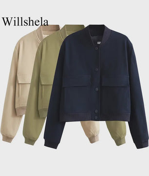 Dames Bomberjack met V-hals, Lange Mouwen en Zakken - Stijlvolle Casual Outfits