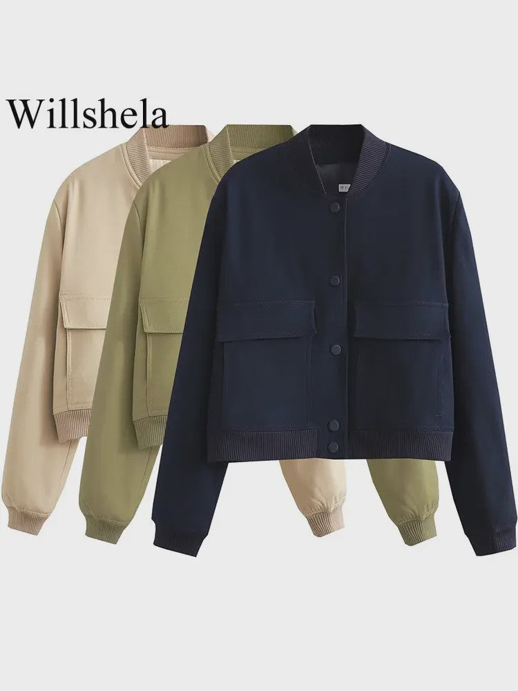 Dames Bomberjack met V-hals, Lange Mouwen en Zakken - Stijlvolle Casual Outfits