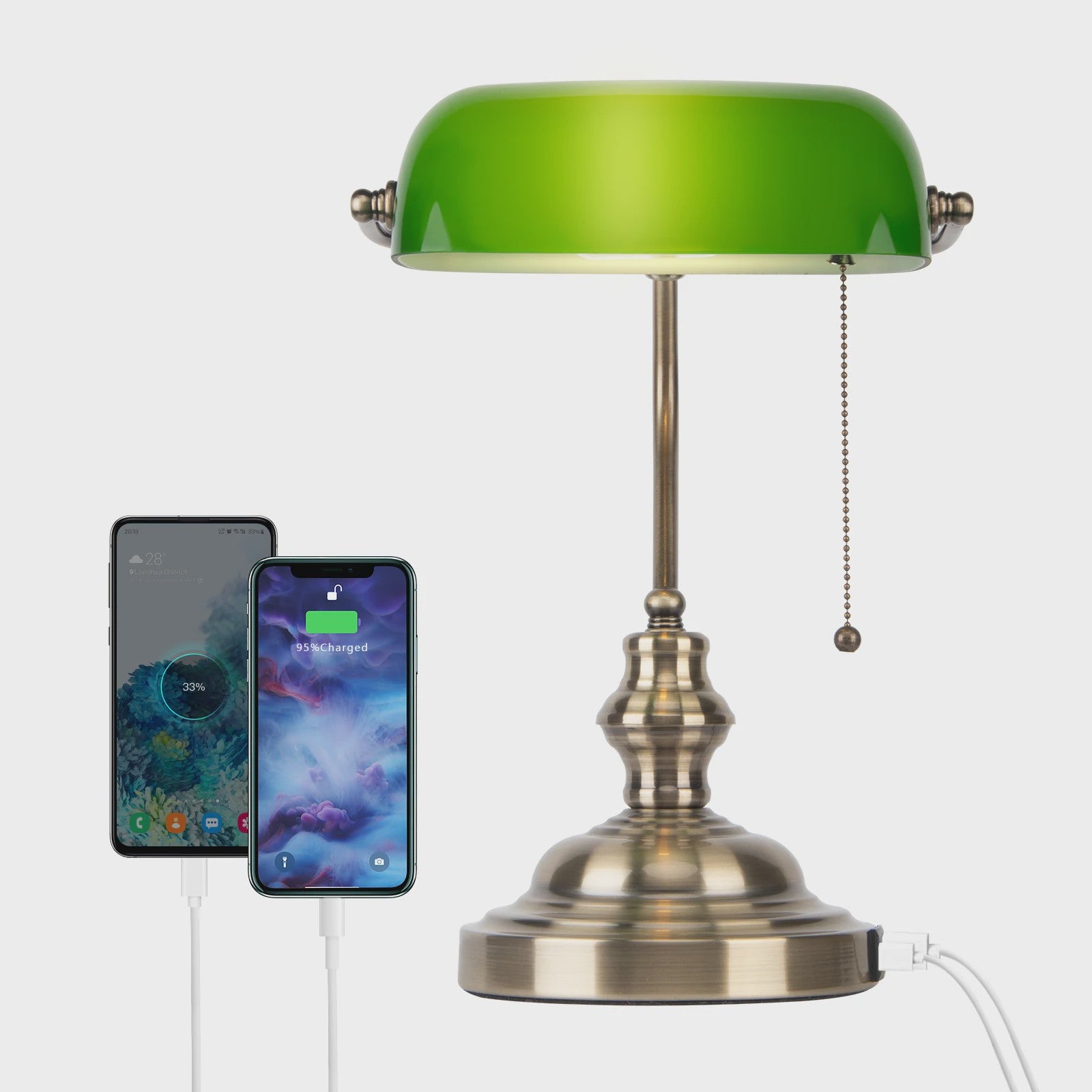 Groene Bankierslamp met 2 USB-poorten en Messing Voet - Klassiek Design, Moderne Functionaliteit