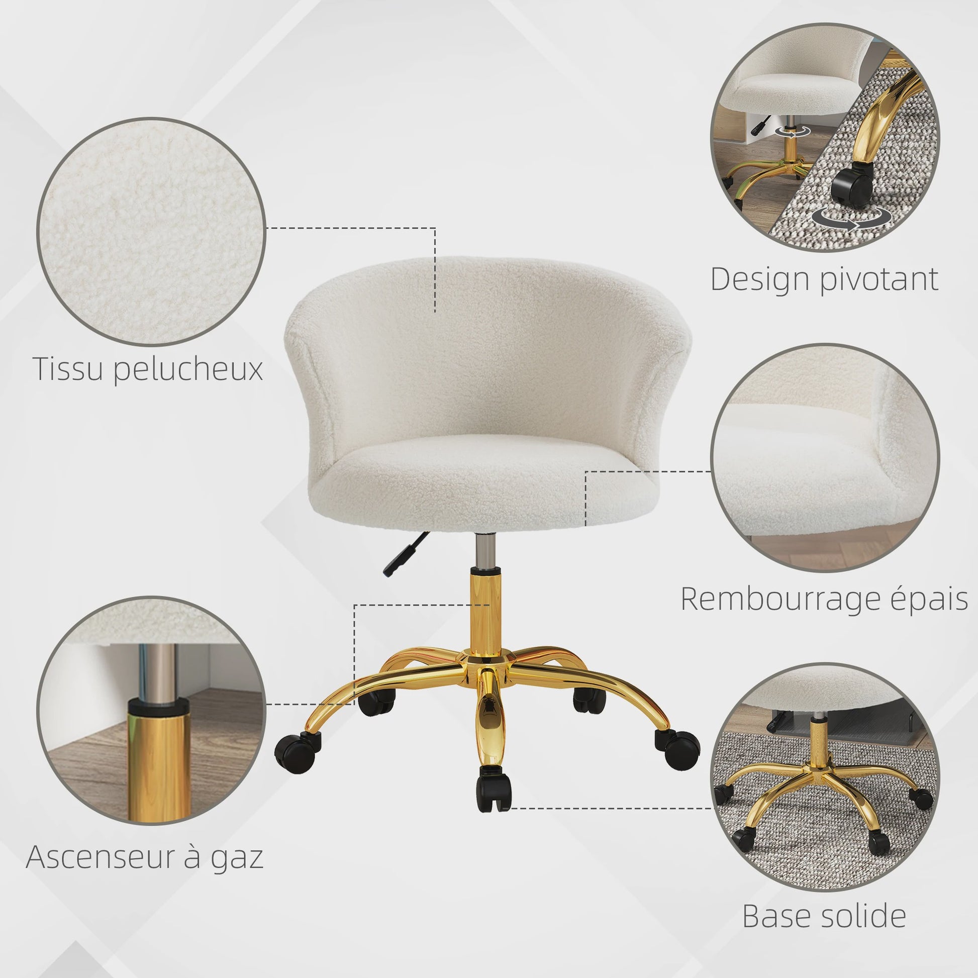 Ergonomic and comfortable desk Vinsetto, office chair desk, adjustable in height with steel piecing, White