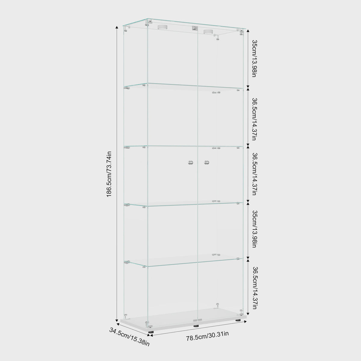 Moderne Witte Glazen Vitrinekast met LED Verlichting, 5 Legborden en 2 Vergrendelbare Deuren - 186x78x34 cm