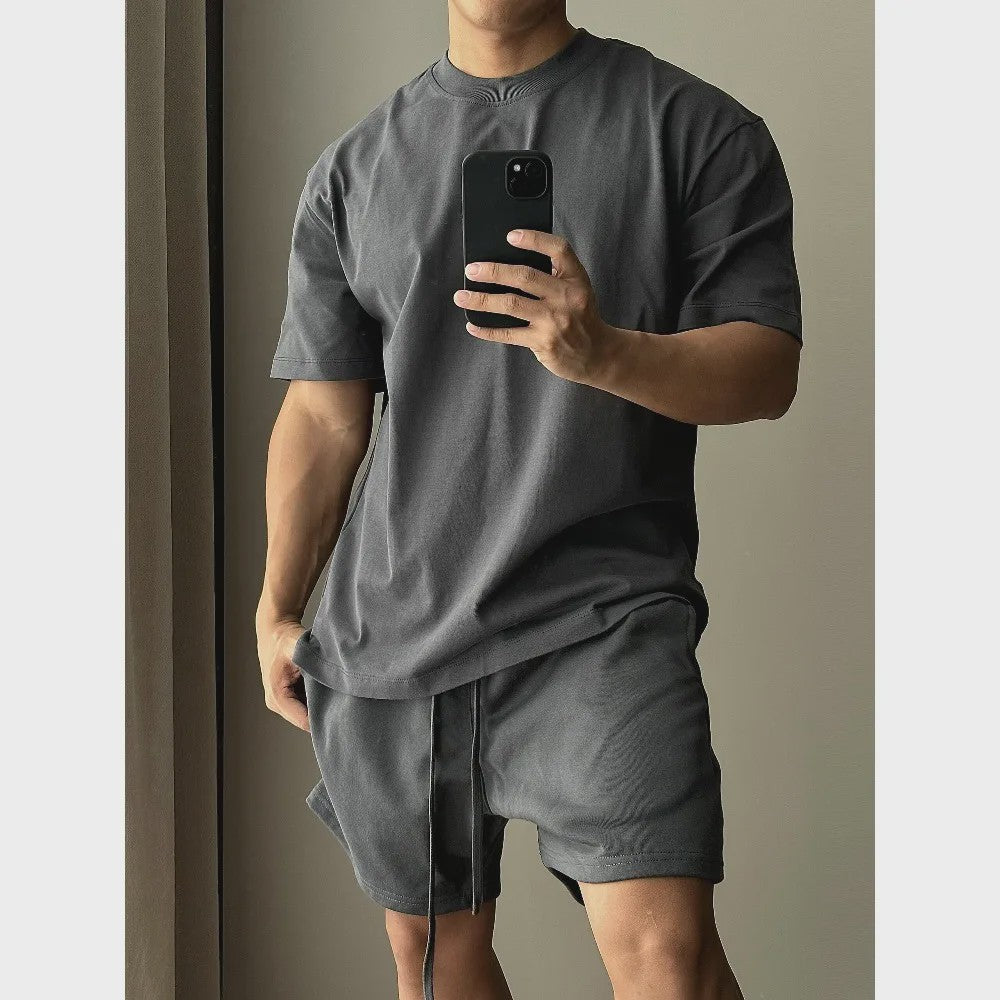 Heren Katoenen Set: Trendy T-shirt met Korte Mouwen en Shorts
