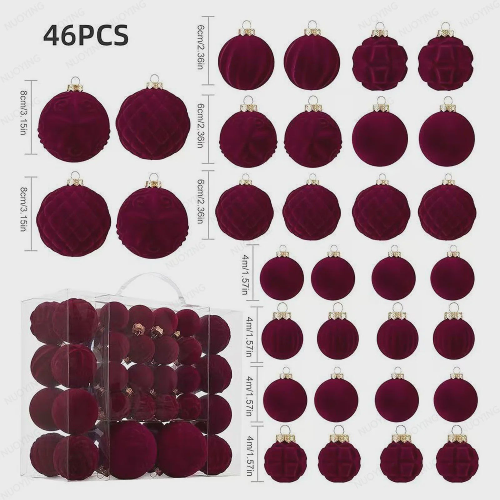 46-Delige Kerstballen Set - Velvet Pluche Kerstdecoratie Ballen (4/6/8cm)