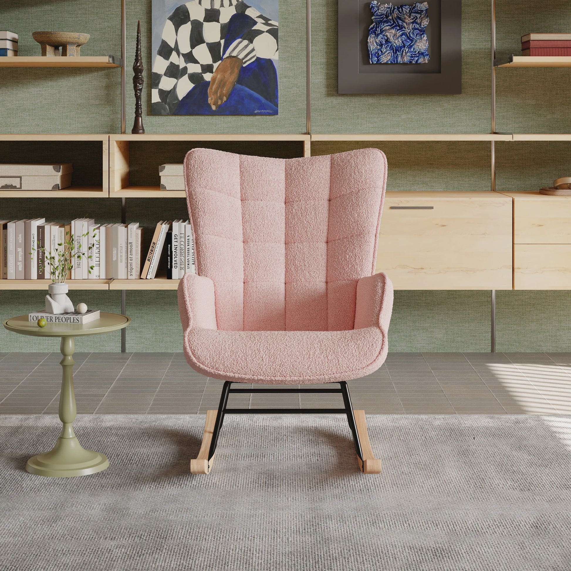 Roze Teddy Fluweel Schommelstoel met Armleuningen - Comfortabele Fauteuil voor Woonkamer & Slaapkamer