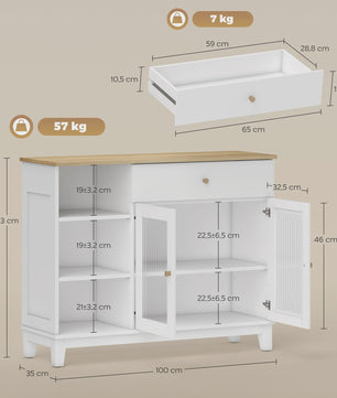 Stijlvol Wit Sideboard met Glazen Deuren, Lade en Open Vakken - 100x35x80.3 cm